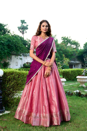 Rose Pink Kanchipuram Zari Lehenga Choli Set with Magenta Dupatta