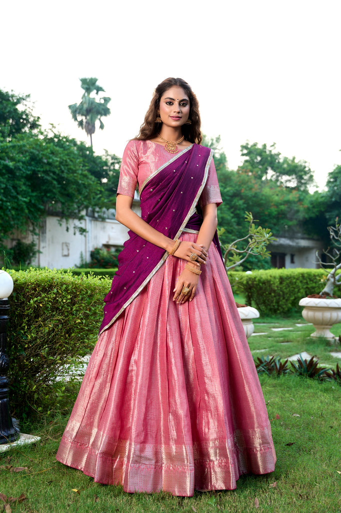 Rose Pink Kanchipuram Zari Lehenga Choli Set with Magenta Dupatta