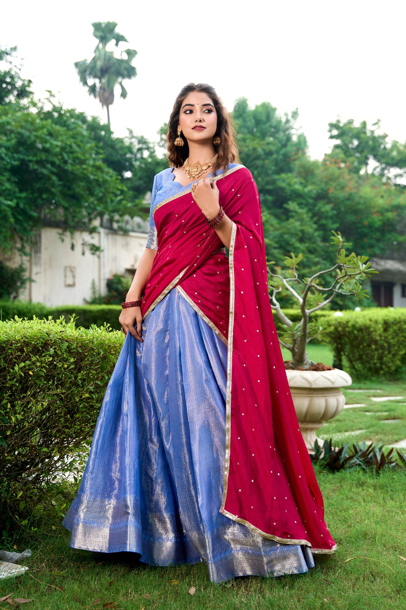 Purple Kanchipuram Zari Lehenga Choli Set with Magenta Dupatta