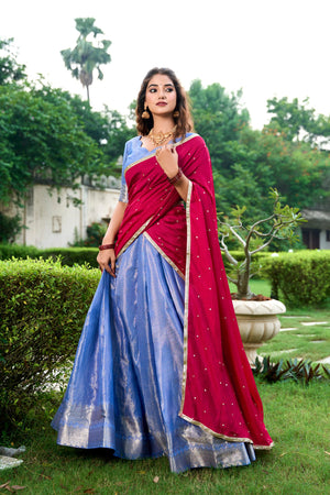 Purple Kanchipuram Zari Lehenga Choli Set with Magenta Dupatta