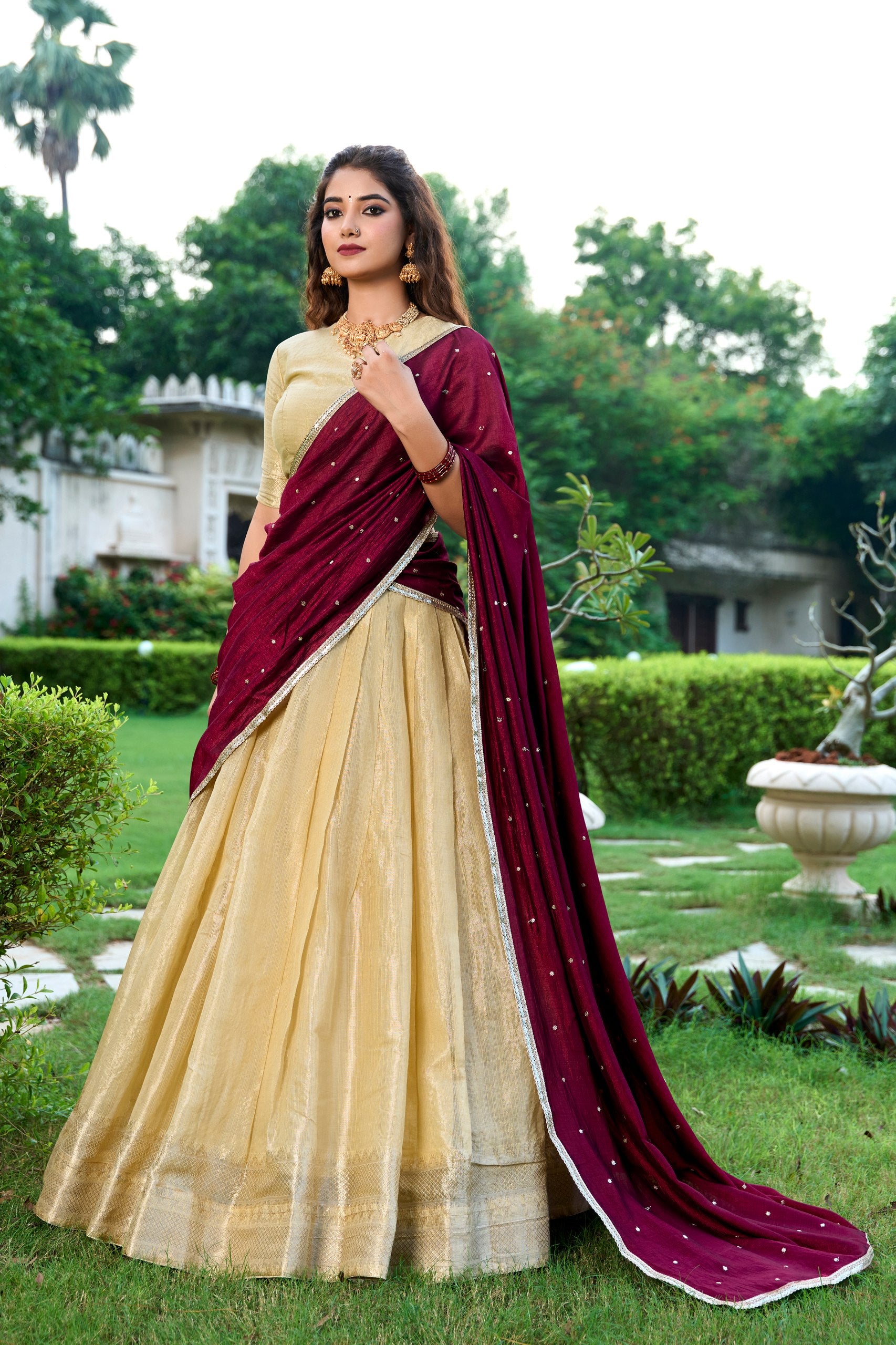 Beige Kanchipuram Zari Lehenga Choli Set with Magenta Dupatta