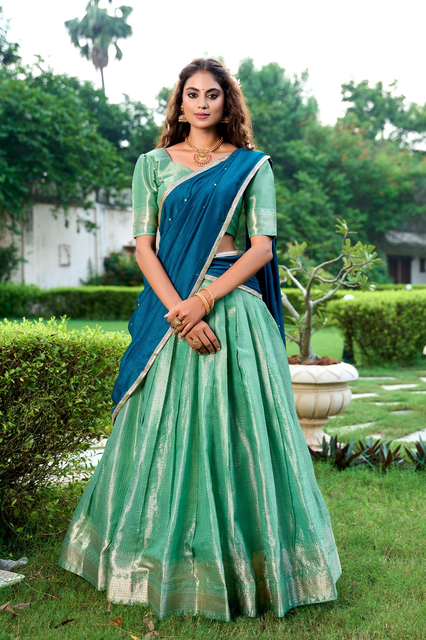 Sea Green Kanchipuram Zari Lehenga Choli Set with Magenta Dupatta