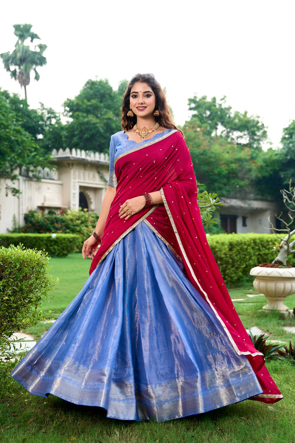 Purple Kanchipuram Zari Lehenga Choli Set with Magenta Dupatta