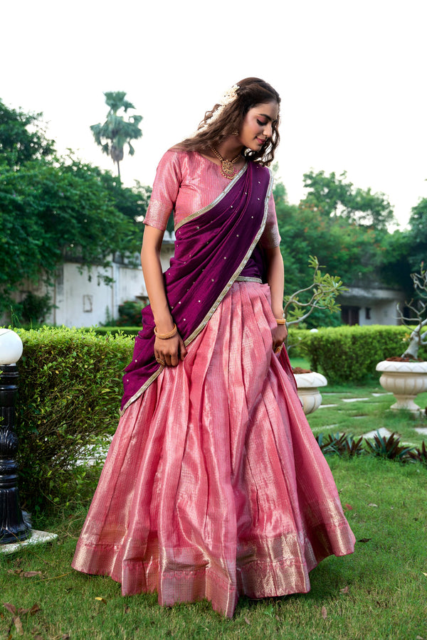Rose Pink Kanchipuram Zari Lehenga Choli Set with Magenta Dupatta