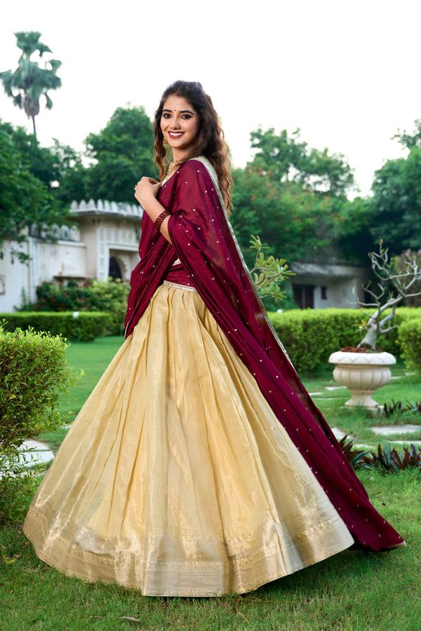 Beige Kanchipuram Zari Lehenga Choli Set with Magenta Dupatta