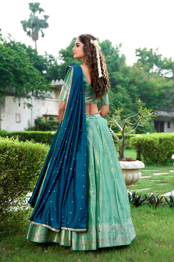 Sea Green Kanchipuram Zari Lehenga Choli Set with Magenta Dupatta