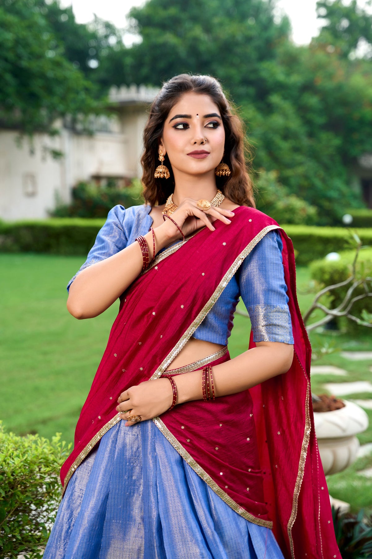 Purple Kanchipuram Zari Lehenga Choli Set with Magenta Dupatta