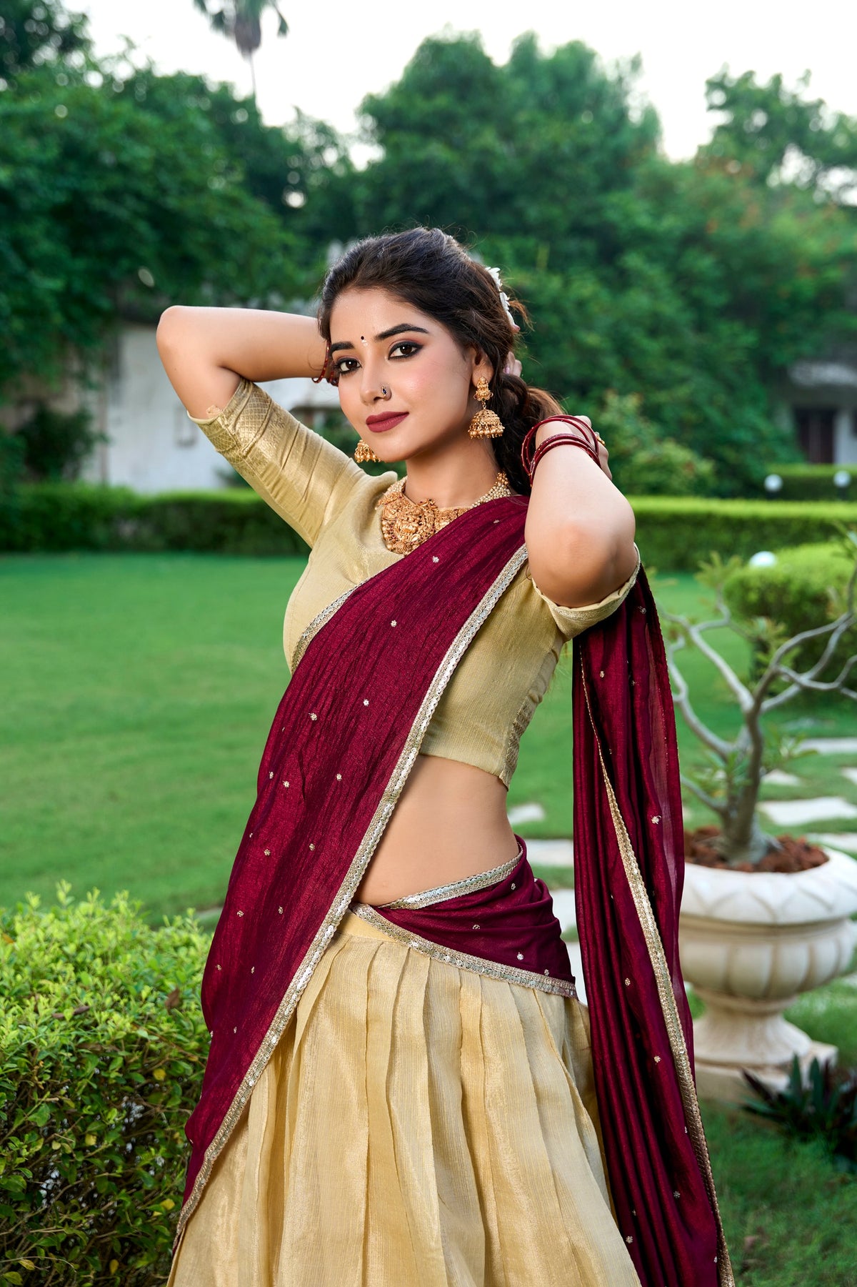 Beige Kanchipuram Zari Lehenga Choli Set with Magenta Dupatta