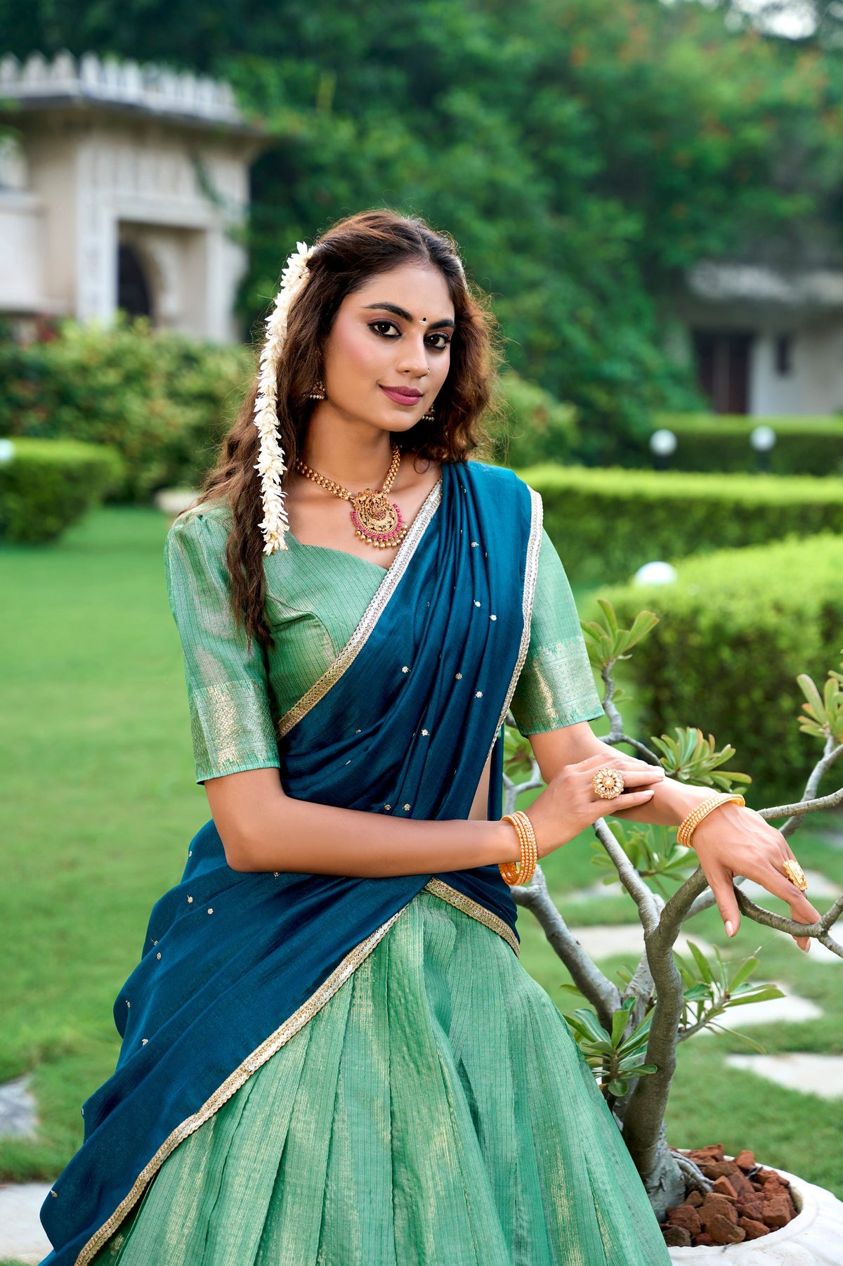Sea Green Kanchipuram Zari Lehenga Choli Set with Magenta Dupatta