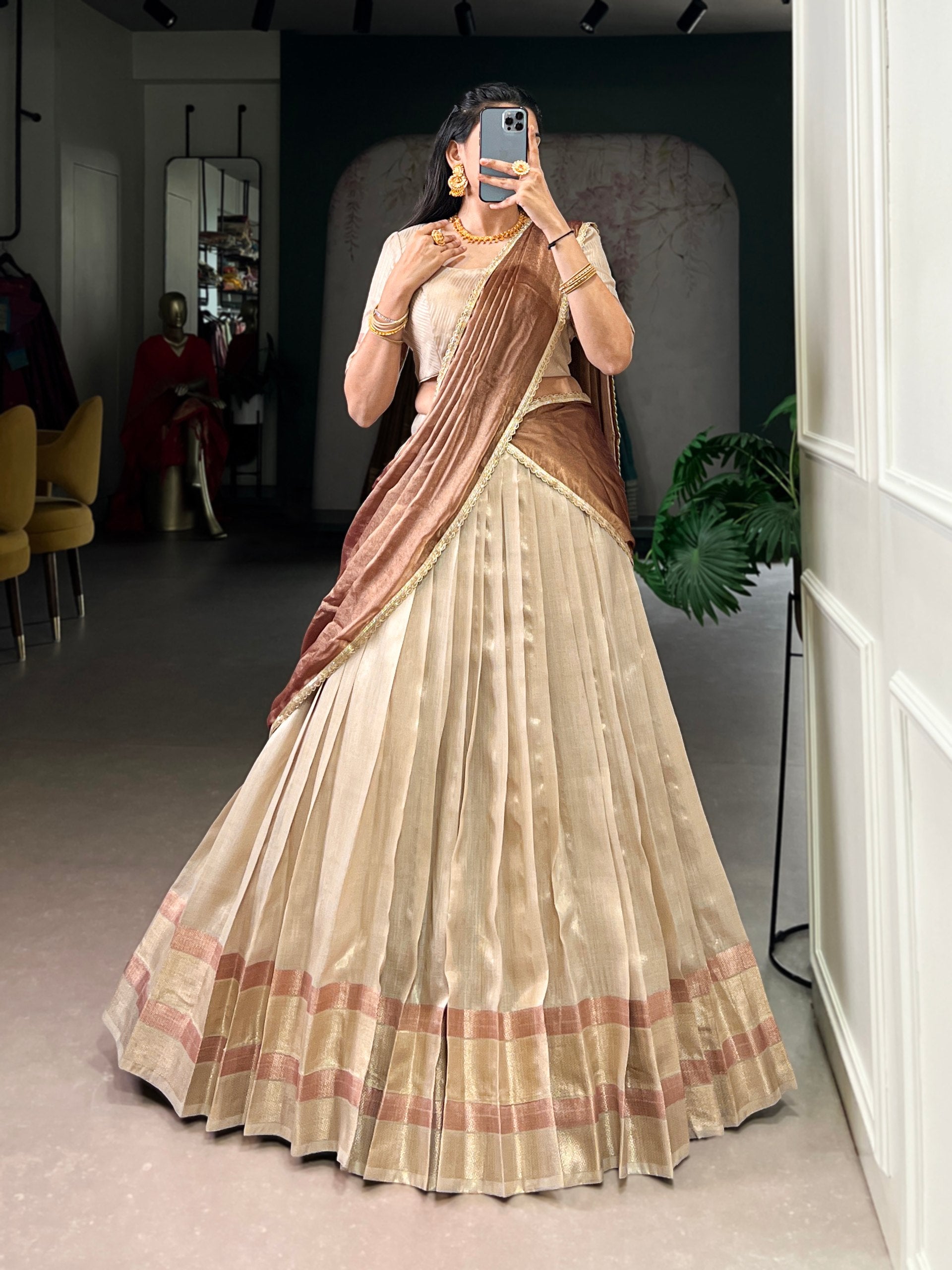Beige Dupion Silk Lehenga Choli Set