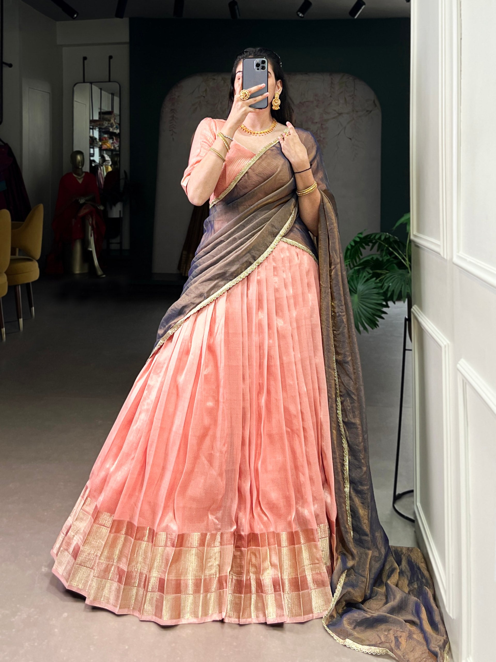 Peach Dupion Silk Lehenga Choli Set