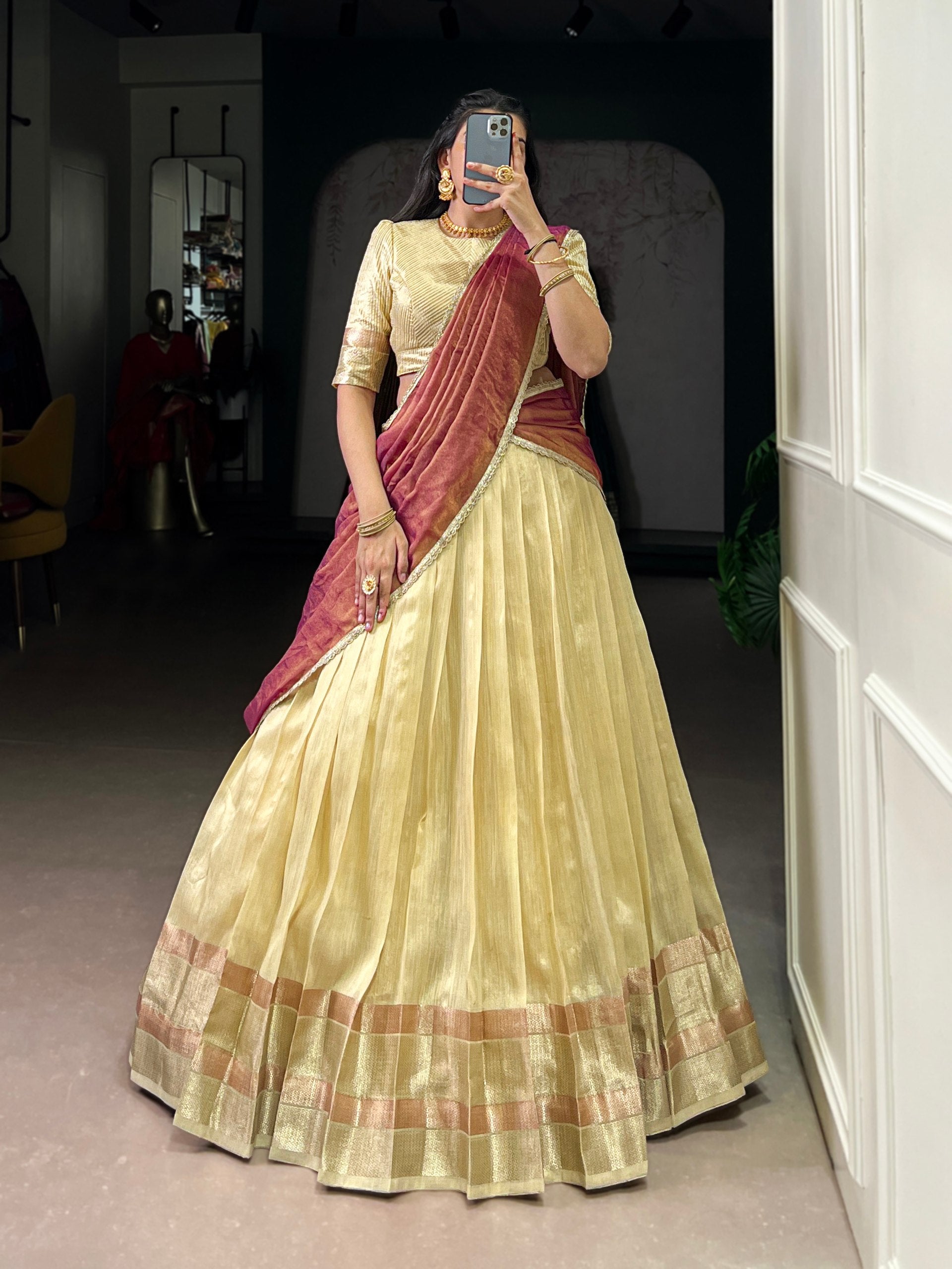 Pastel Gold Dupion Silk Lehenga Choli Set