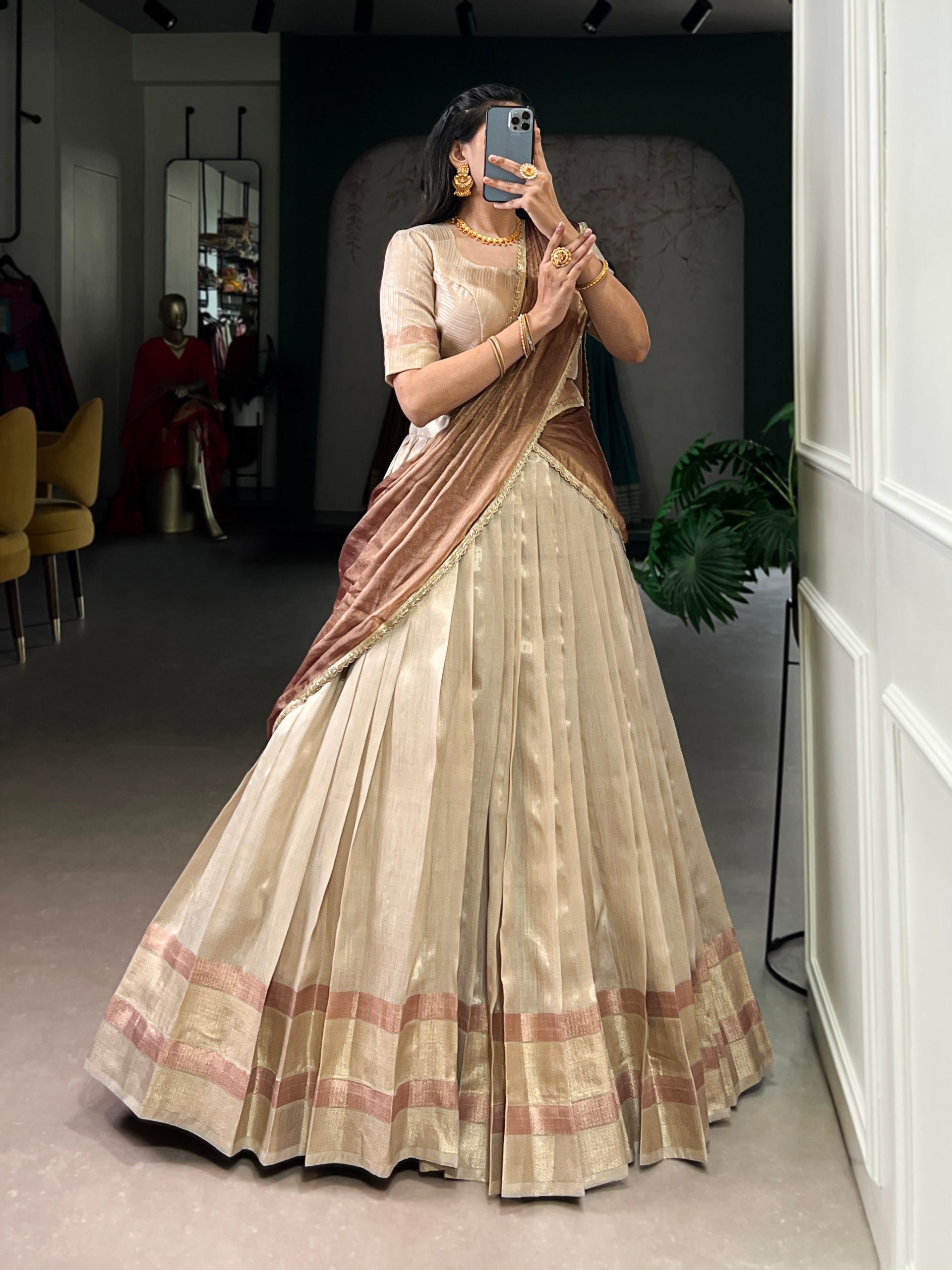 Beige Dupion Silk Lehenga Choli Set