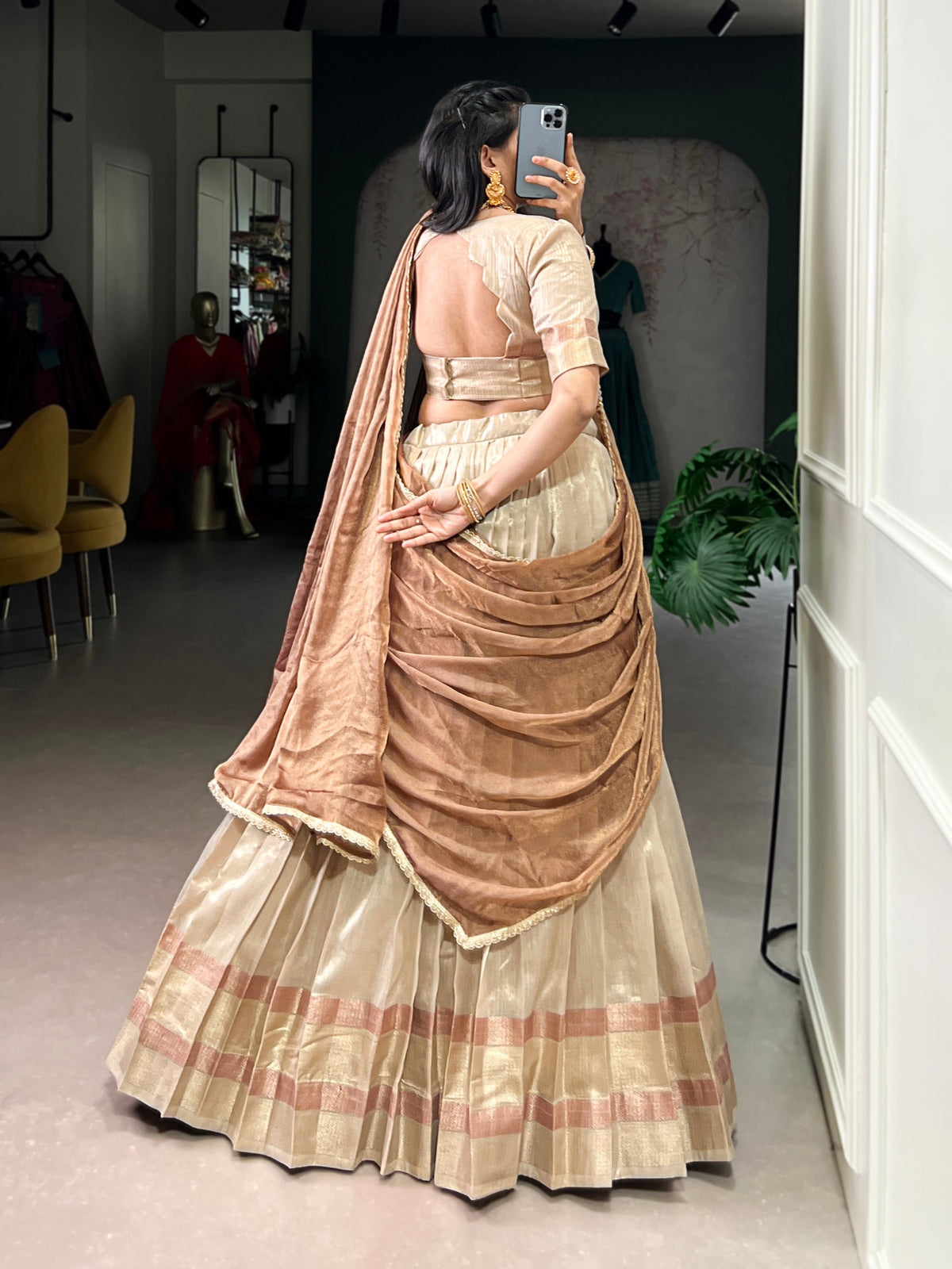 Beige Dupion Silk Lehenga Choli Set