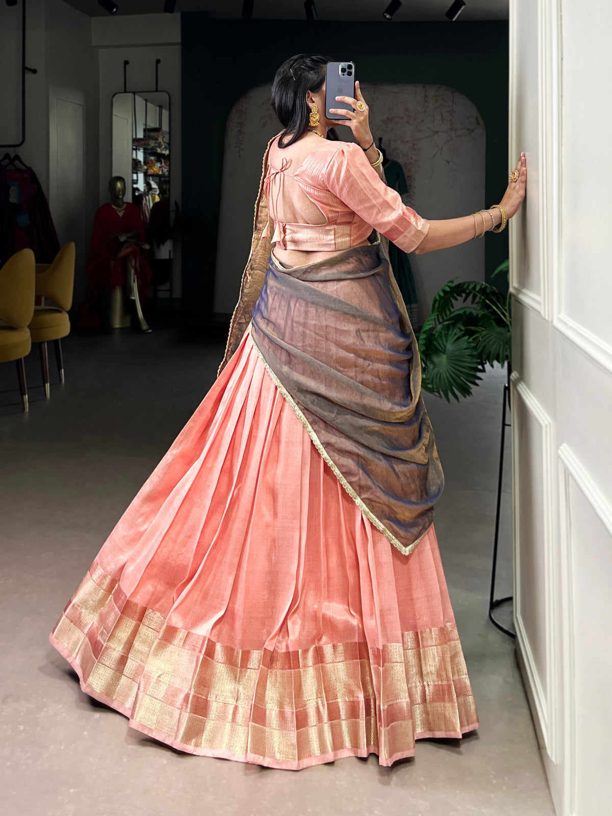 Peach Dupion Silk Lehenga Choli Set