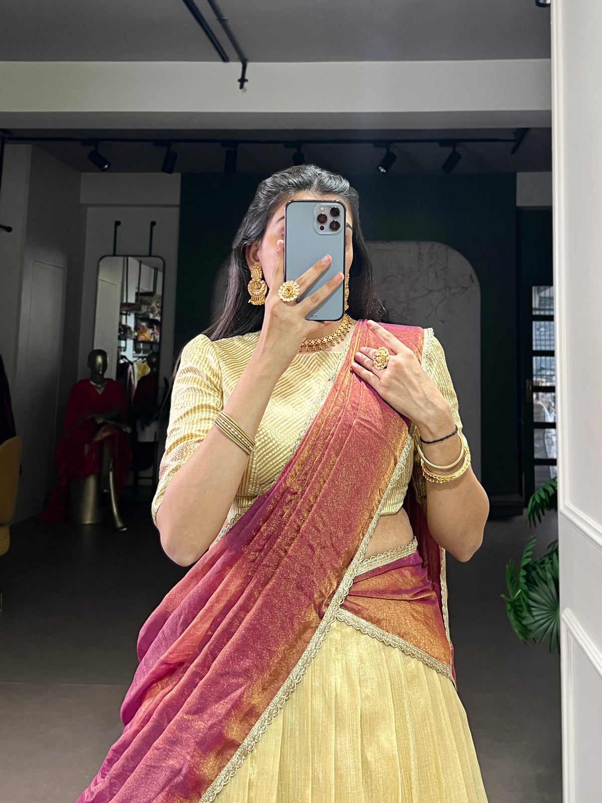 Pastel Gold Dupion Silk Lehenga Choli Set
