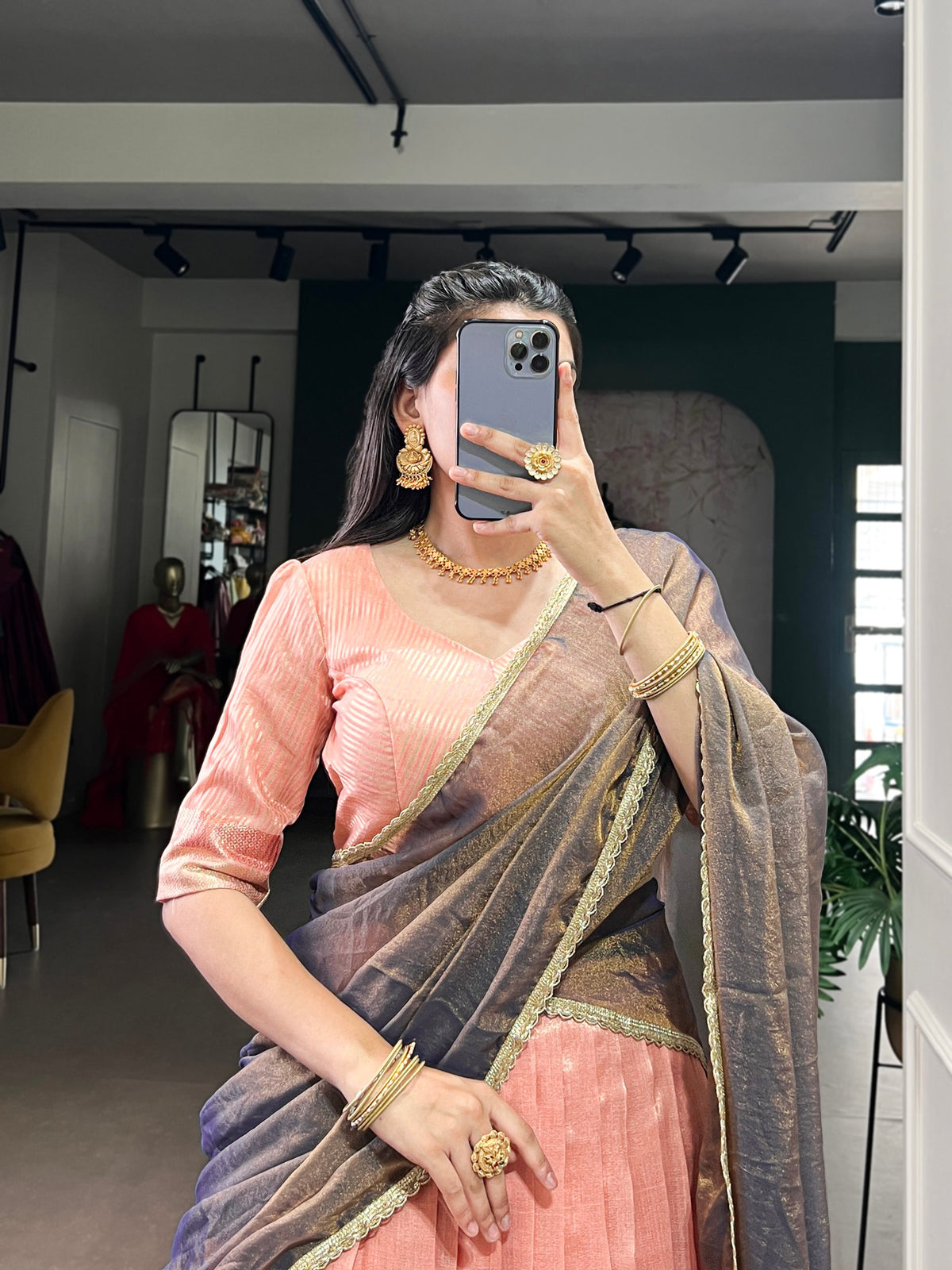 Peach Dupion Silk Lehenga Choli Set