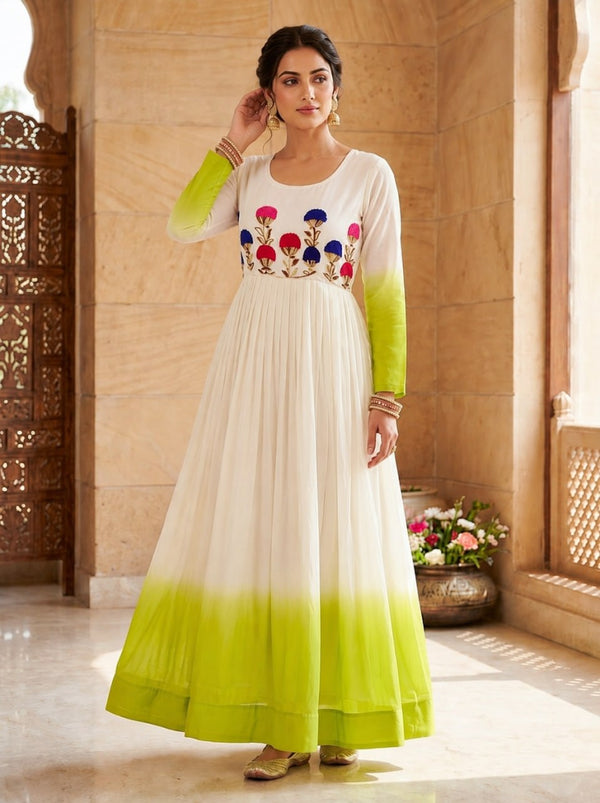 White and Green Star Georgette Embroidered Gown