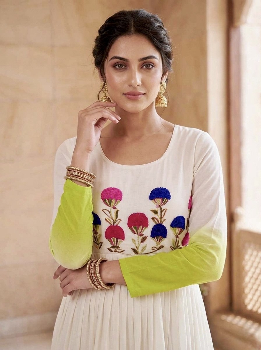 White and Green Star Georgette Embroidered Gown