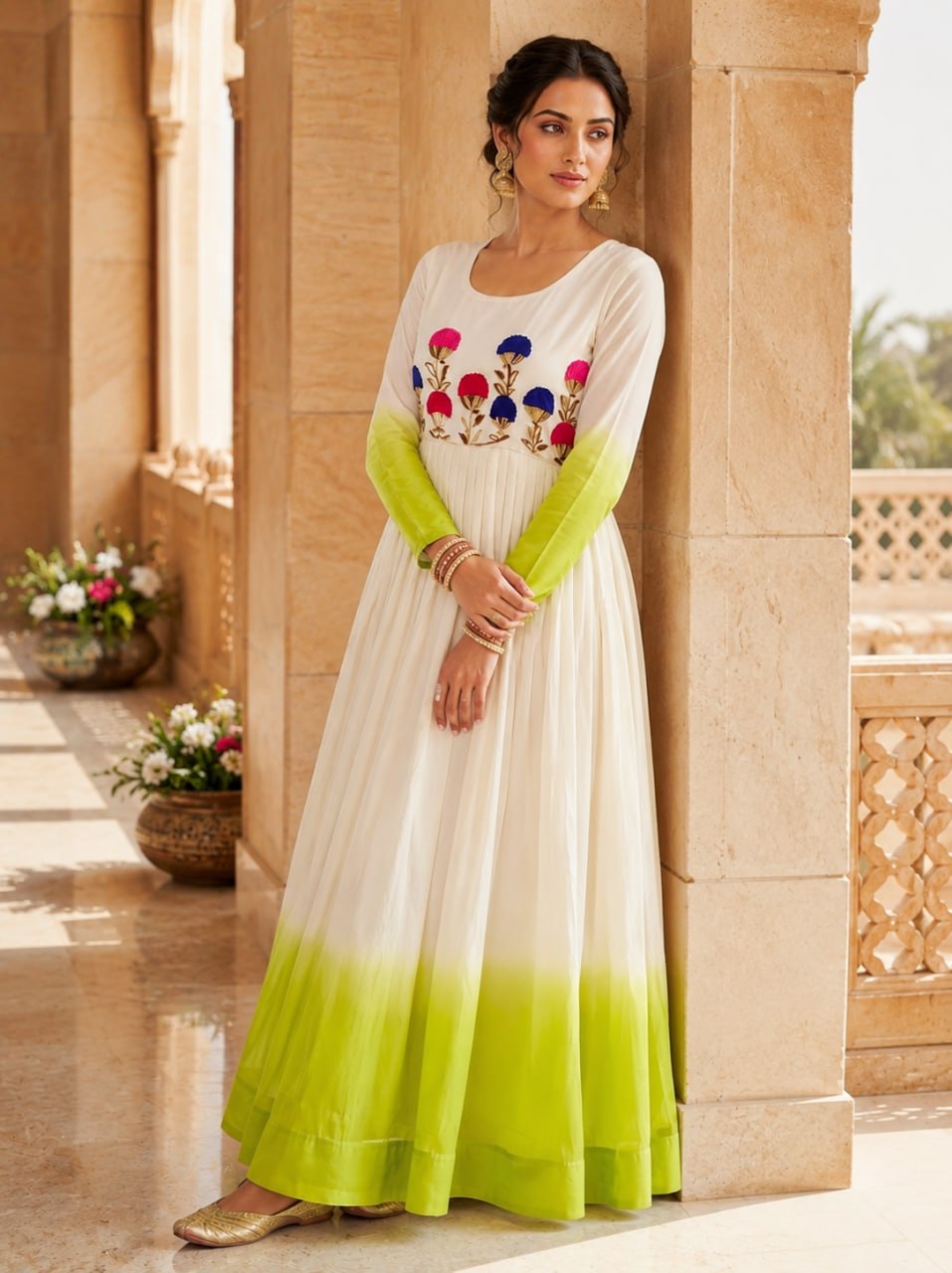 White and Green Star Georgette Embroidered Gown