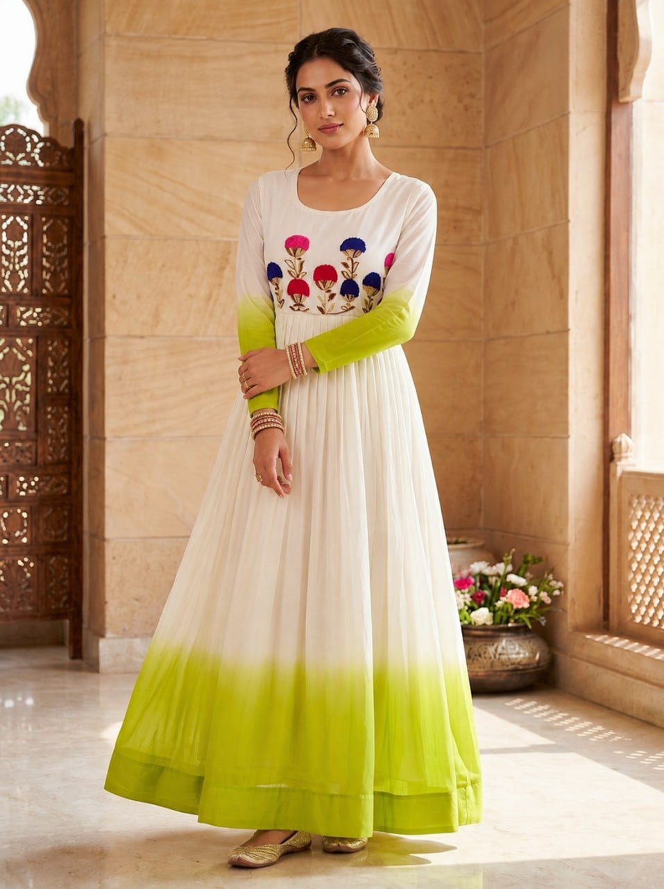 White and Green Star Georgette Embroidered Gown