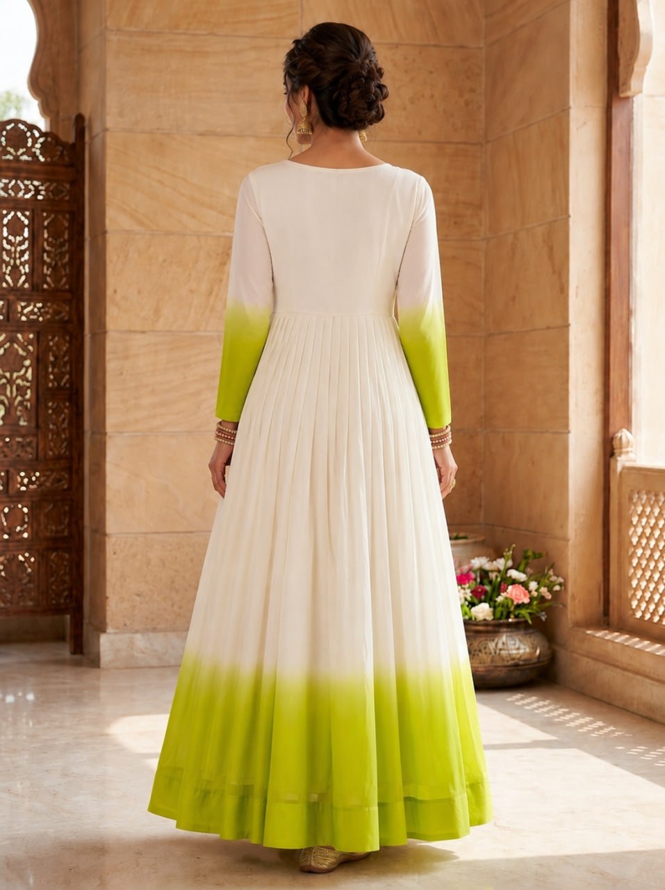 White and Green Star Georgette Embroidered Gown