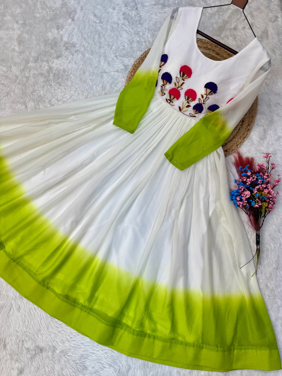 White and Green Star Georgette Embroidered Gown