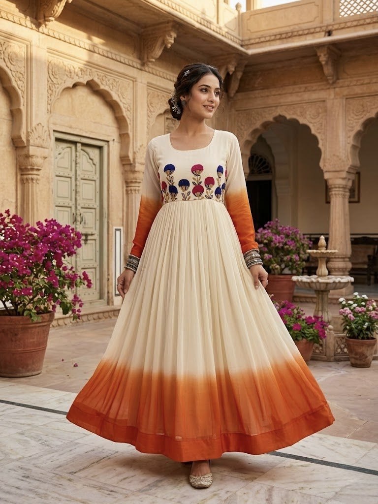 White and orange Star Georgette Embroidered Gown