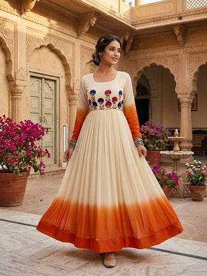 White and orange Star Georgette Embroidered Gown