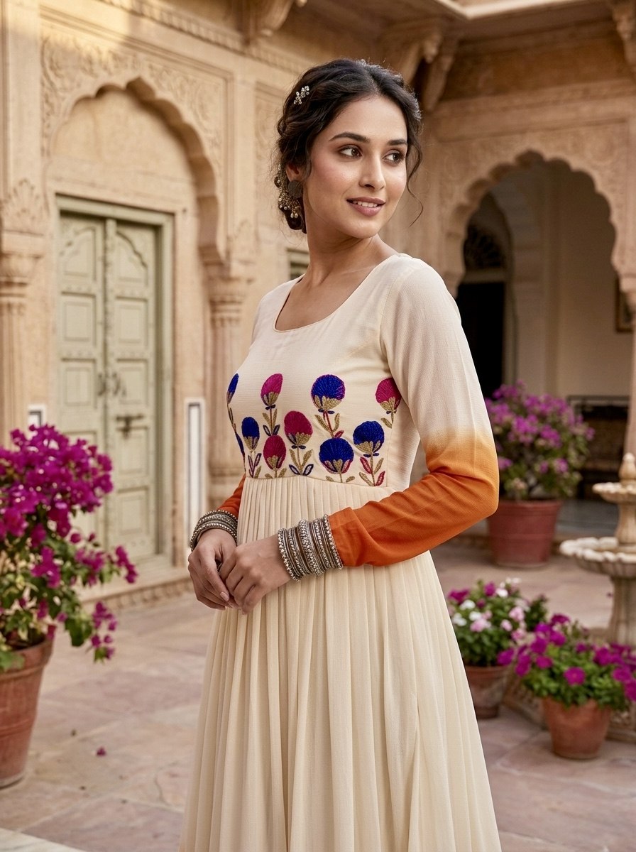 White and orange Star Georgette Embroidered Gown