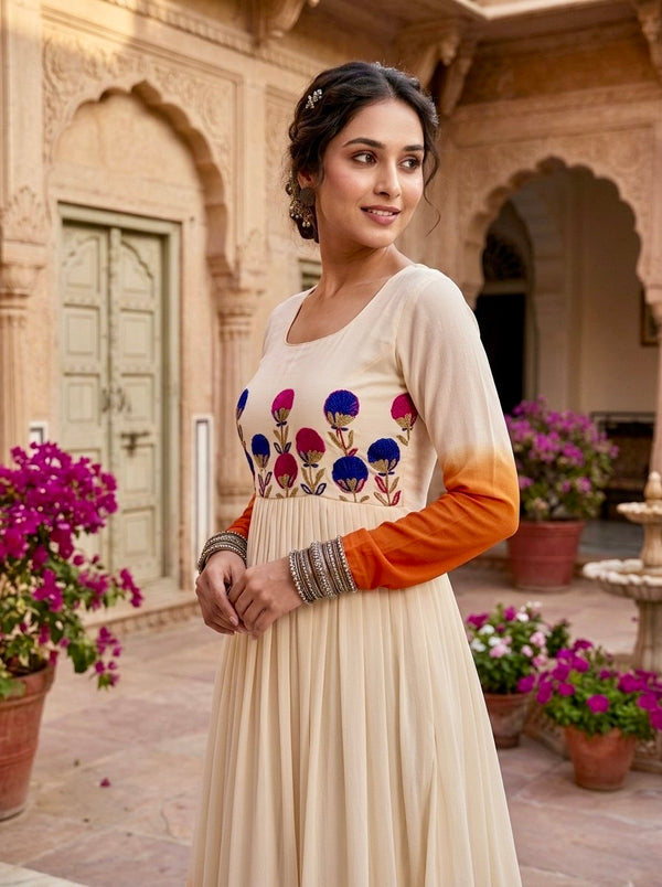 White and orange Star Georgette Embroidered Gown