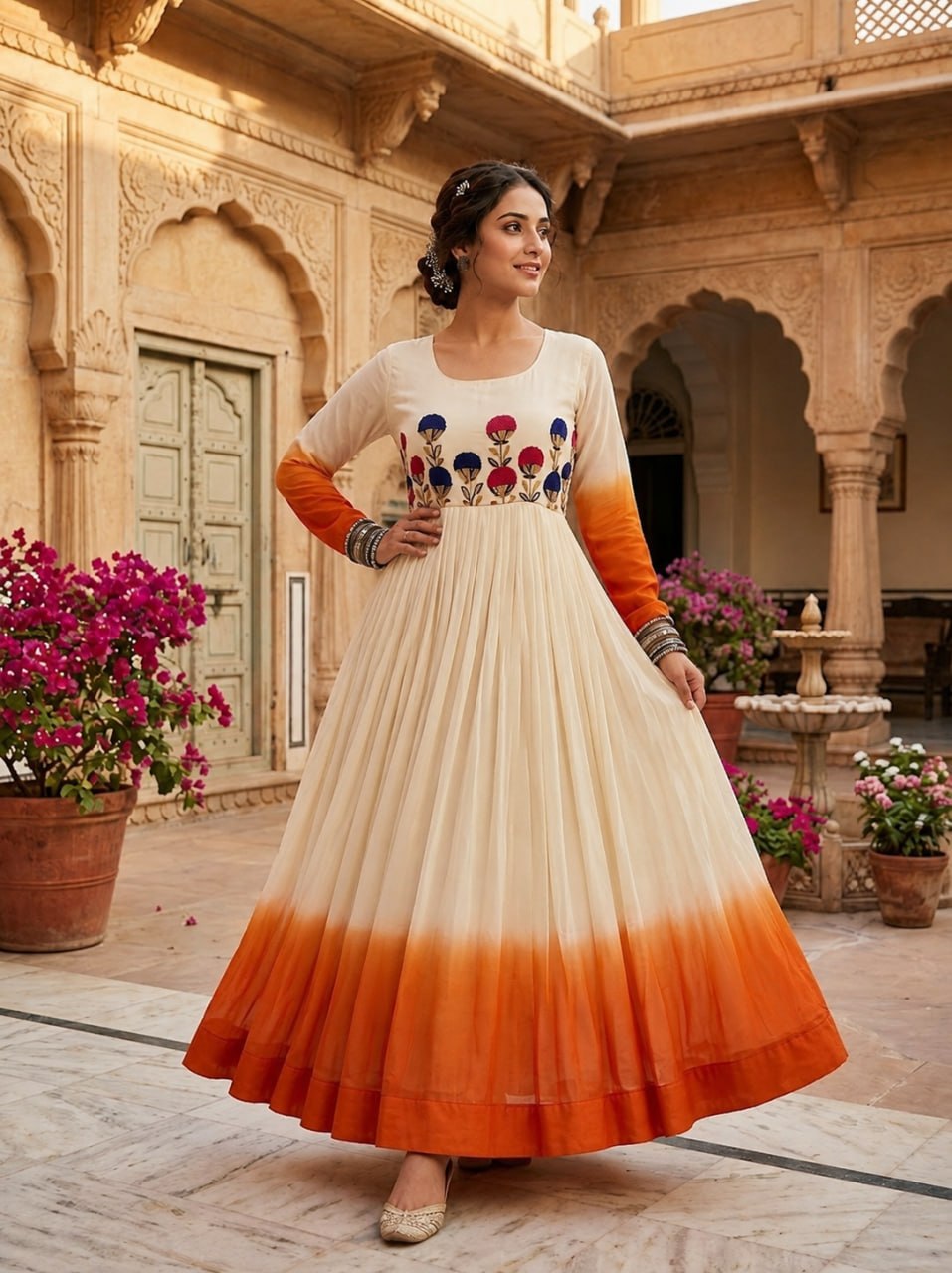 White and orange Star Georgette Embroidered Gown