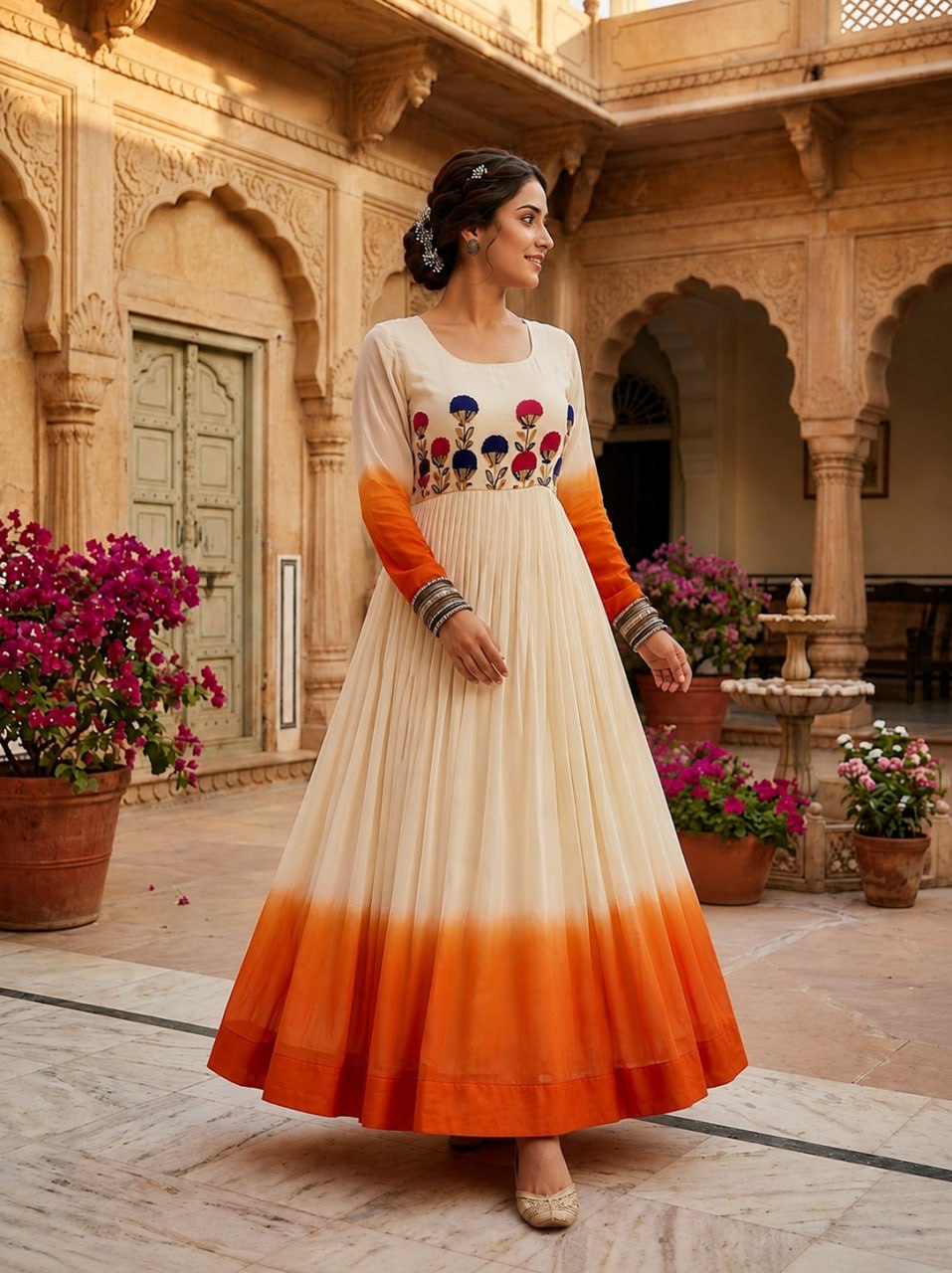 White and orange Star Georgette Embroidered Gown