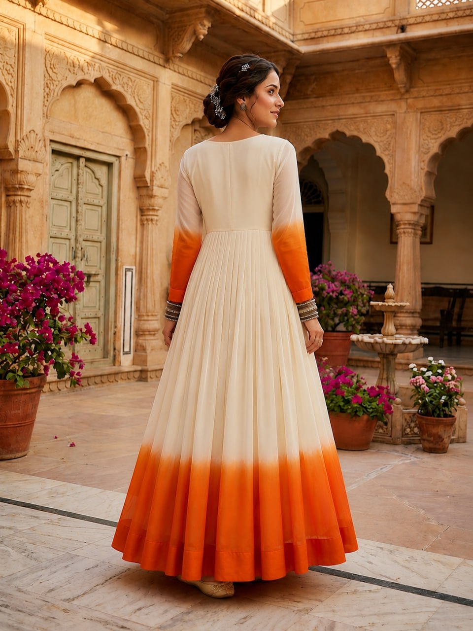White and orange Star Georgette Embroidered Gown