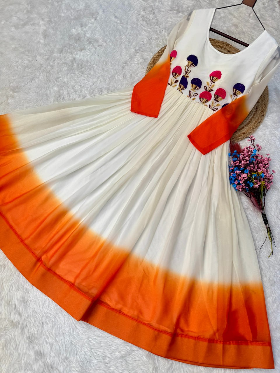 White and orange Star Georgette Embroidered Gown