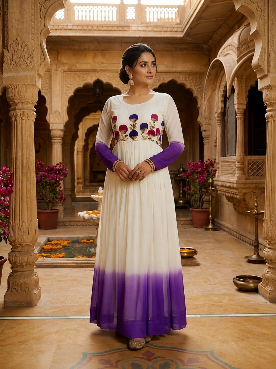 White and purple Star Georgette Embroidered Gown