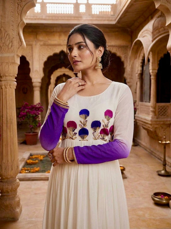 White and purple Star Georgette Embroidered Gown