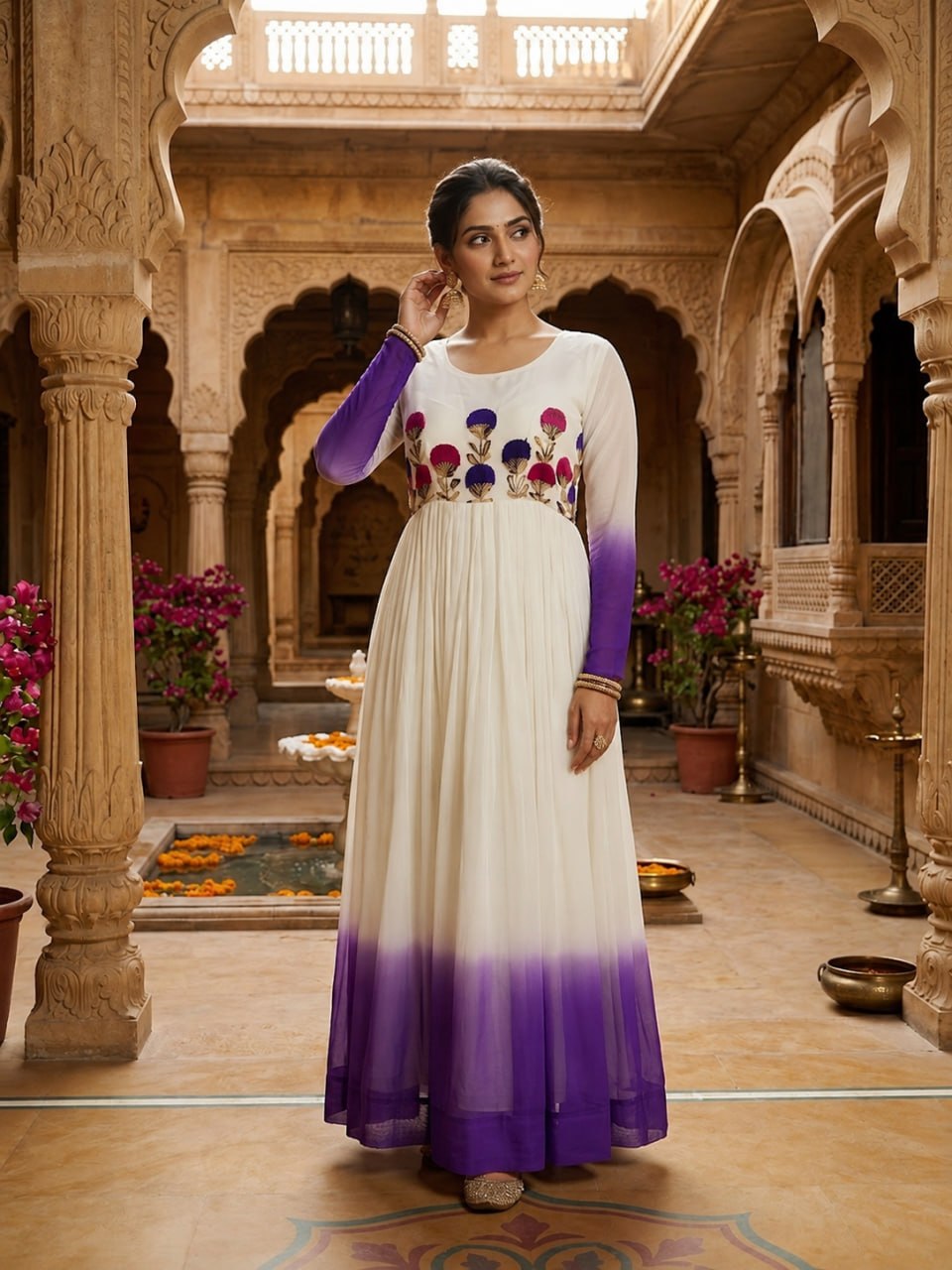 White and purple Star Georgette Embroidered Gown