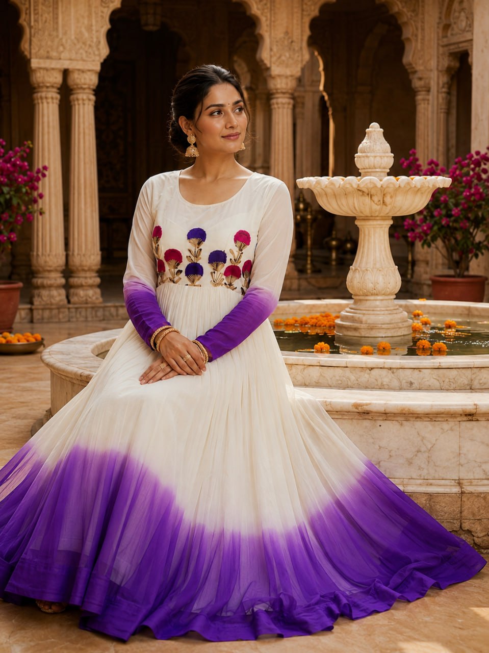 White and purple Star Georgette Embroidered Gown
