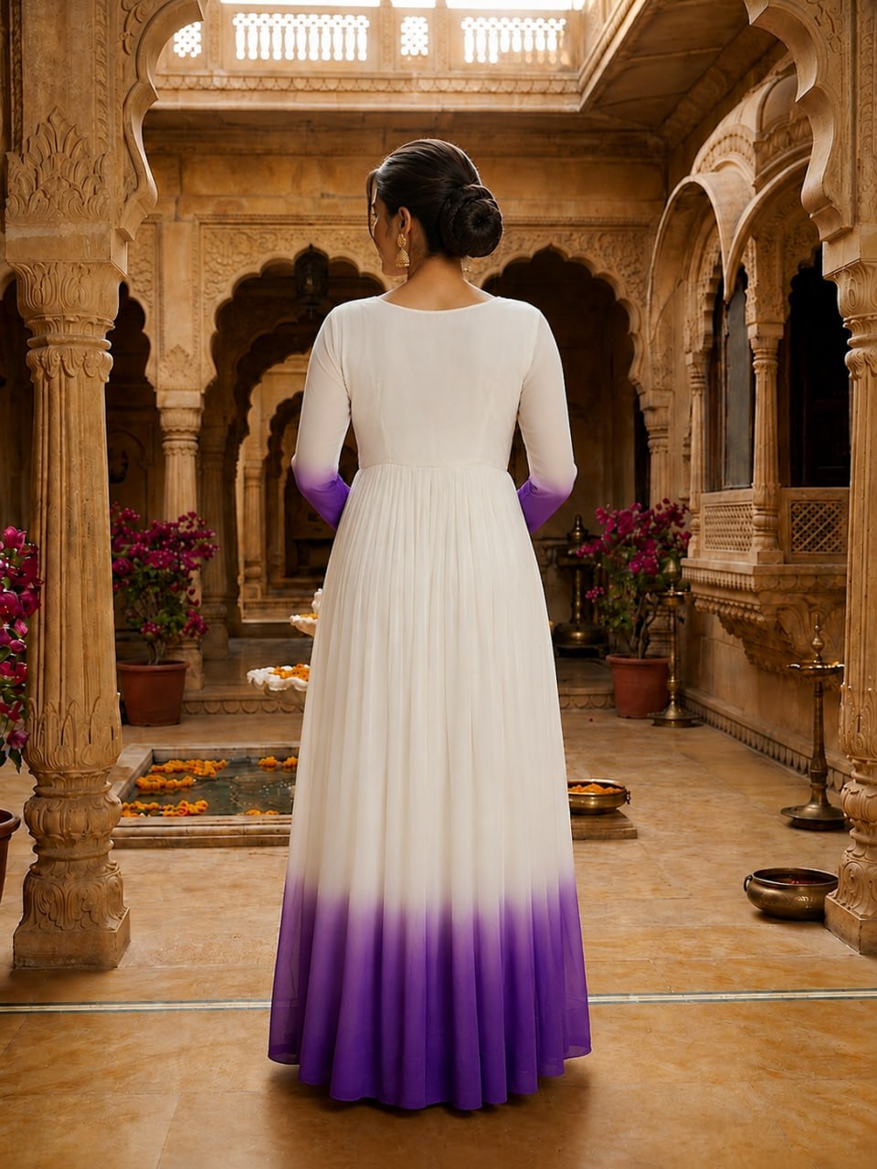 White and purple Star Georgette Embroidered Gown
