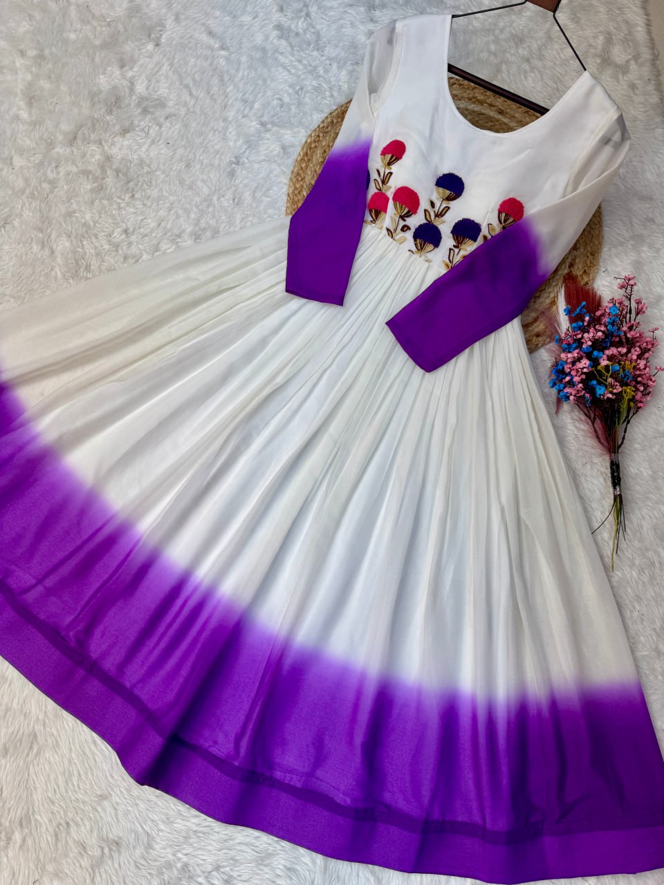 White and purple Star Georgette Embroidered Gown