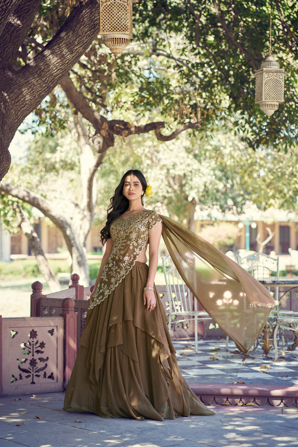 Olive Brown Layered Marble Lehenga Choli Set with Ready-to-Wear Dupatta