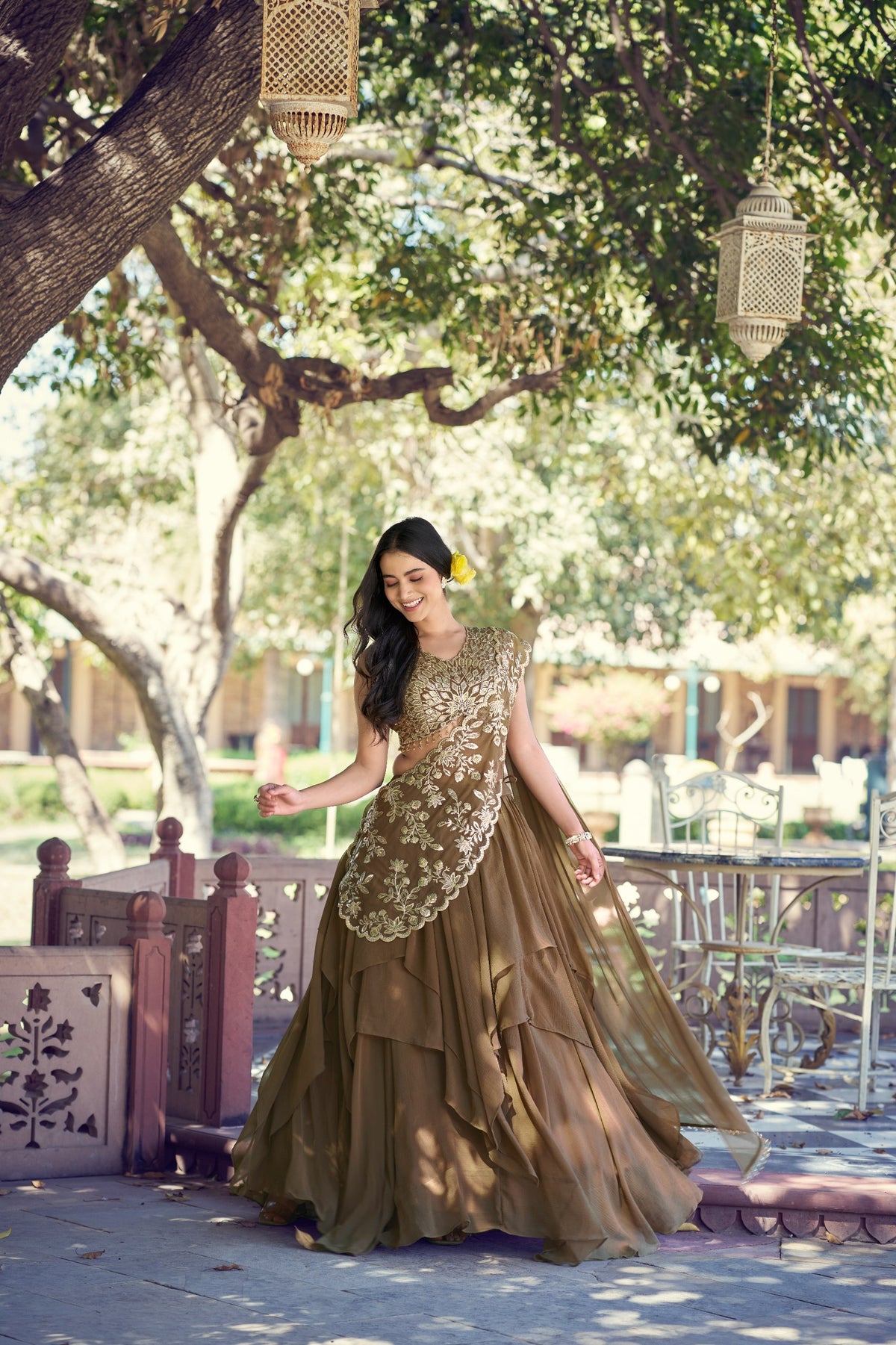 Olive Brown Layered Marble Lehenga Choli Set with Ready-to-Wear Dupatta