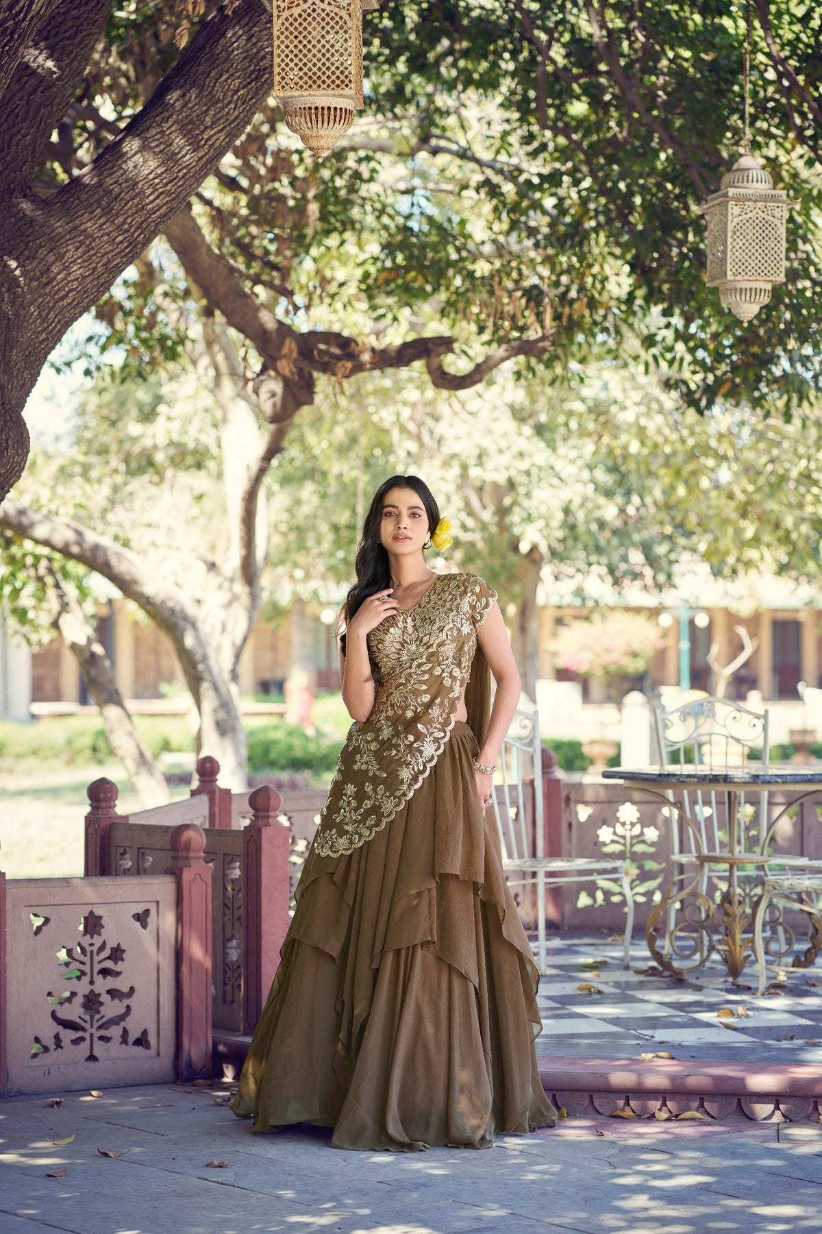 Olive Brown Layered Marble Lehenga Choli Set with Ready-to-Wear Dupatta