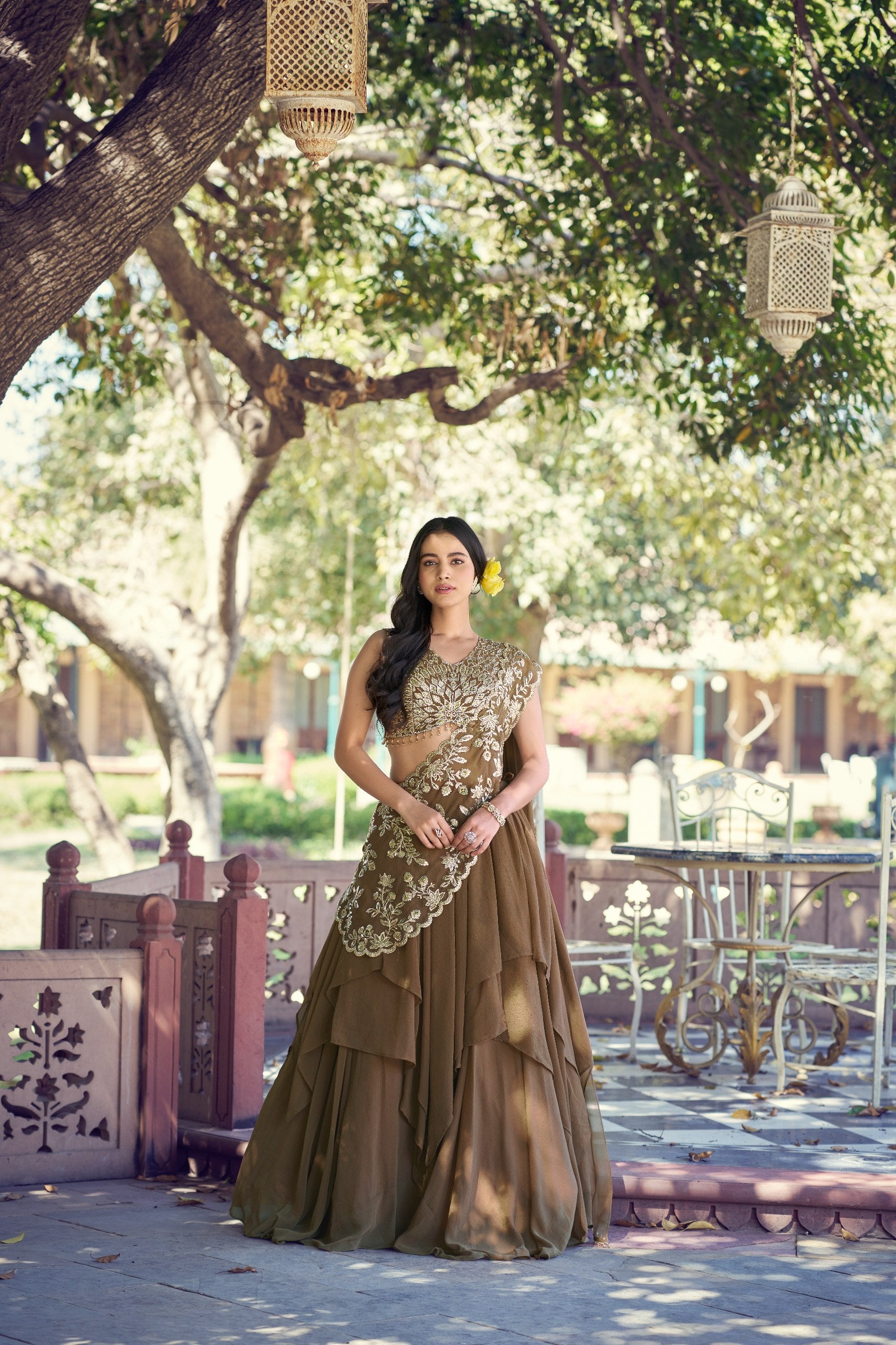 Olive Brown Layered Marble Lehenga Choli Set with Ready-to-Wear Dupatta