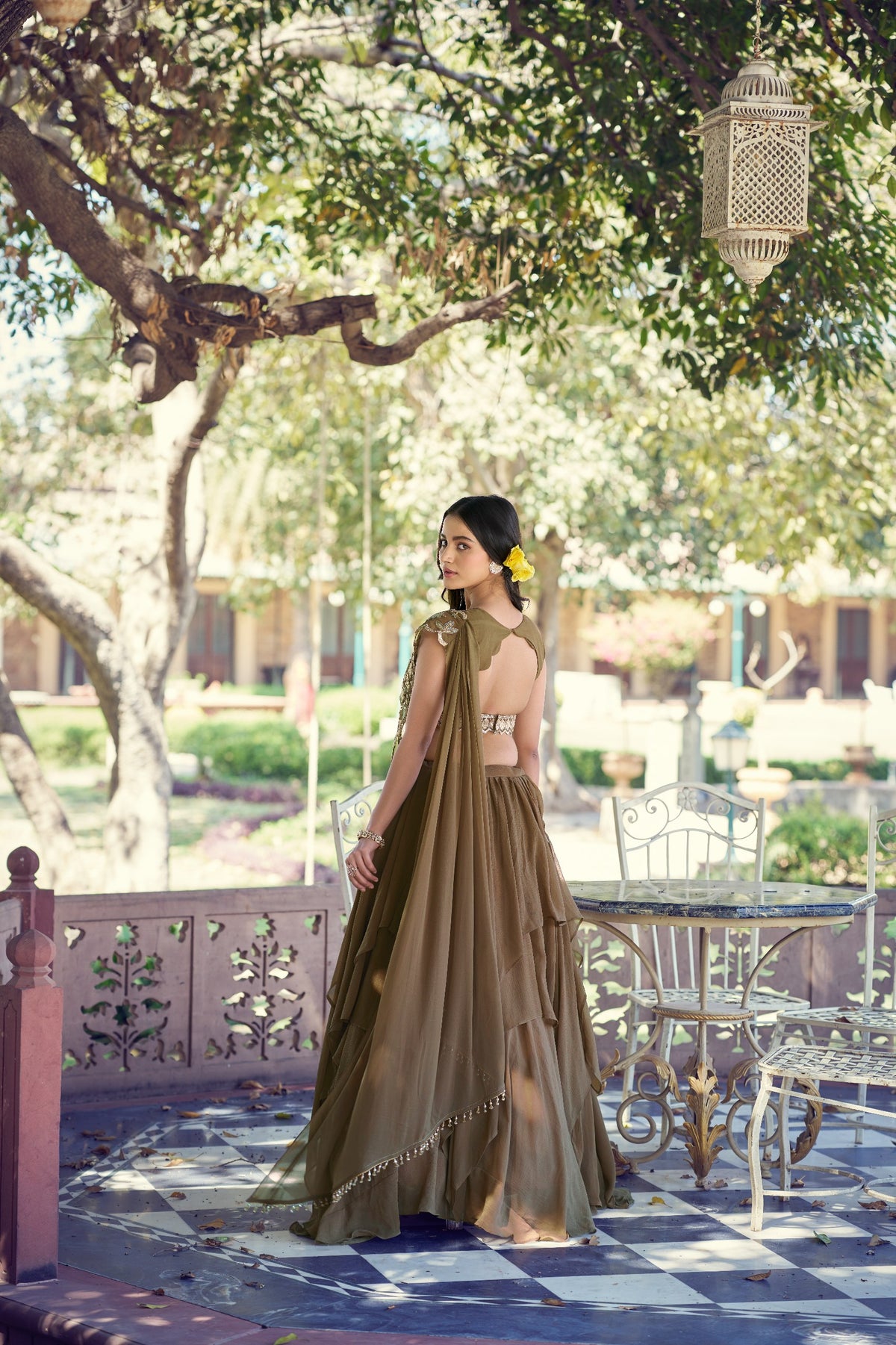 Olive Brown Layered Marble Lehenga Choli Set with Ready-to-Wear Dupatta