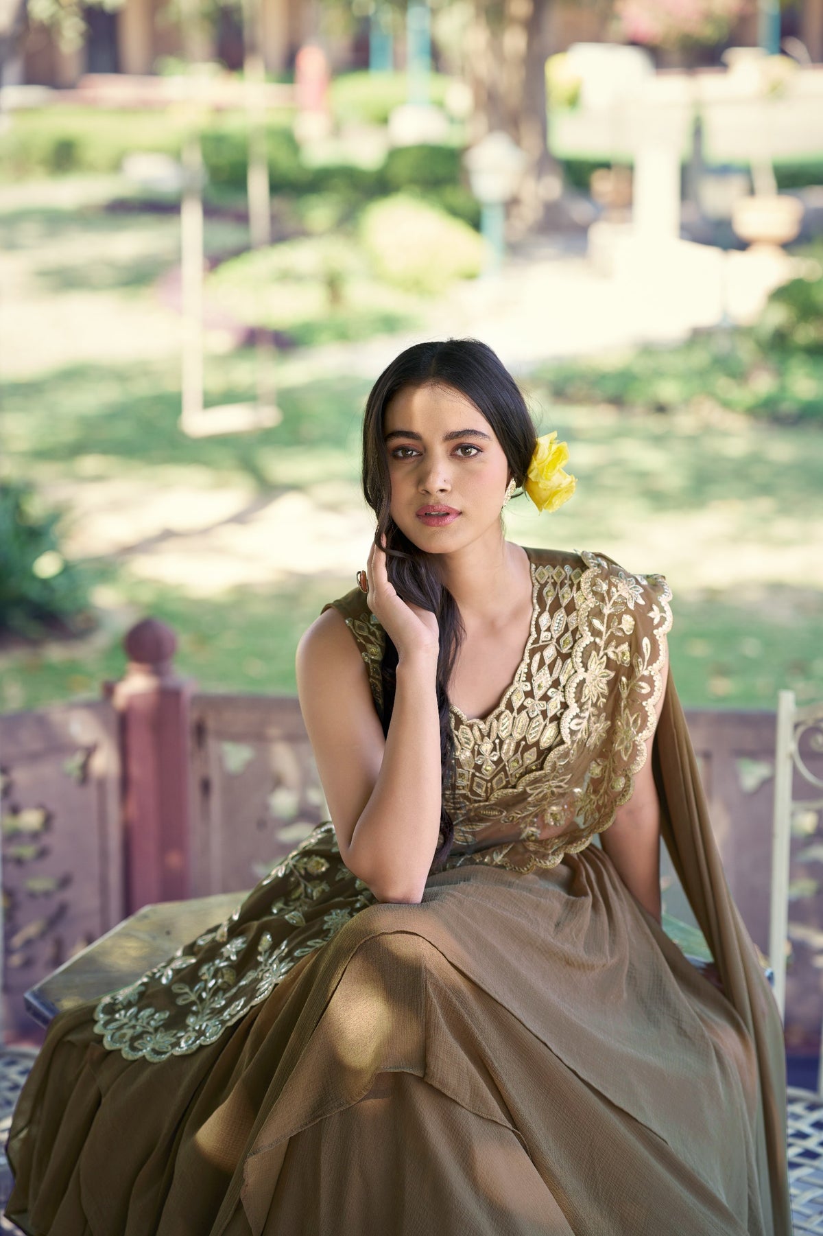 Olive Brown Layered Marble Lehenga Choli Set with Ready-to-Wear Dupatta