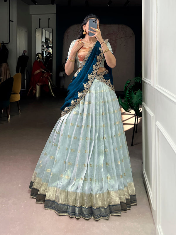 Teal Paithani Border Lehenga Choli Set with Ruby Blue Dupatta