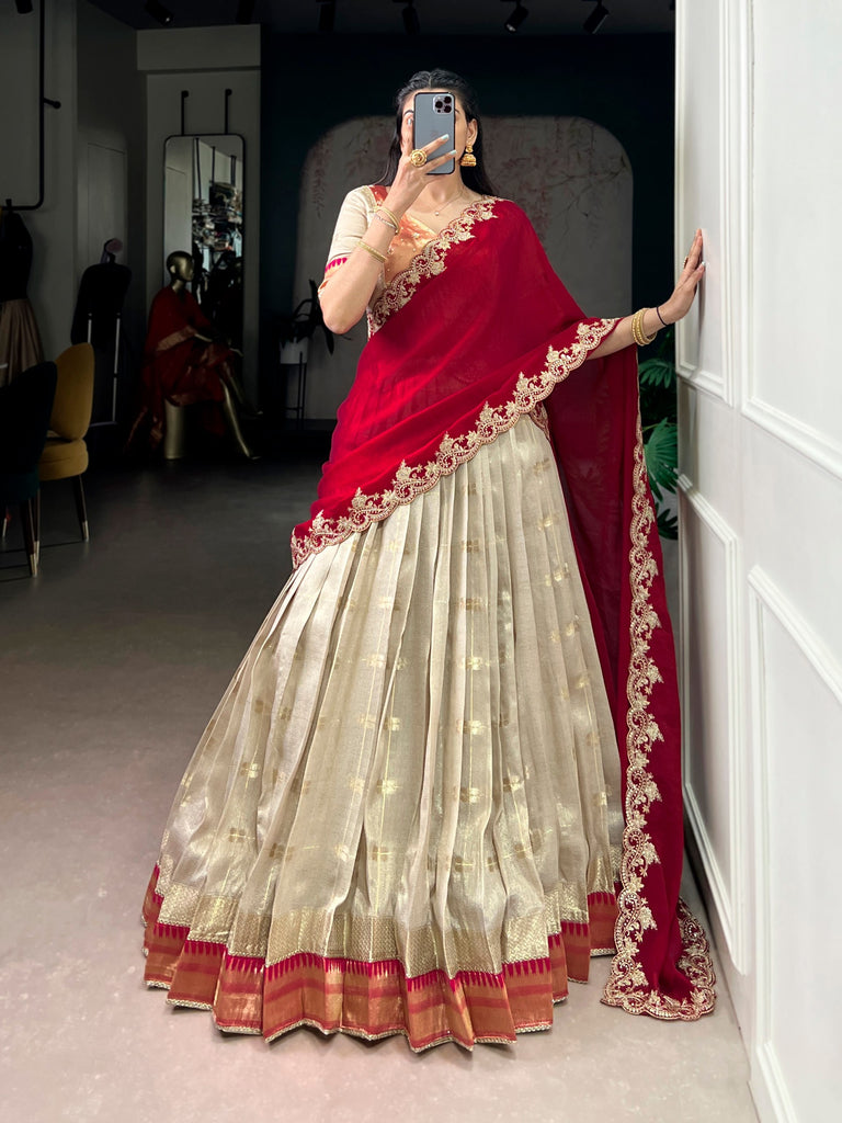 Beige Paithani Border Lehenga Choli Set with Ruby Red Dupatta