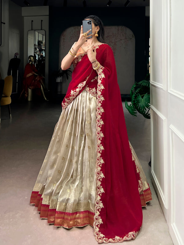 Beige Paithani Border Lehenga Choli Set with Ruby Red Dupatta
